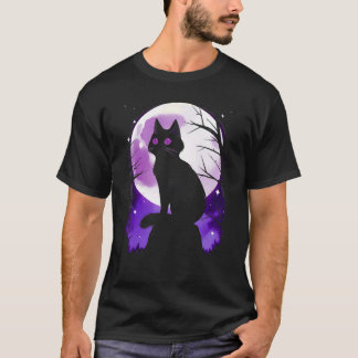 Schwarze Katzensilhouette Vollmond Halloween Einfa T-Shirt
