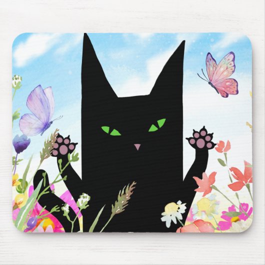 Schwarze Katzenspringeritis: Kitty und Blumen Mousepad (Vorne)