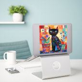 Schwarze Katzenvolkskunst Aufkleber (Laptop auf Schreibtisch)