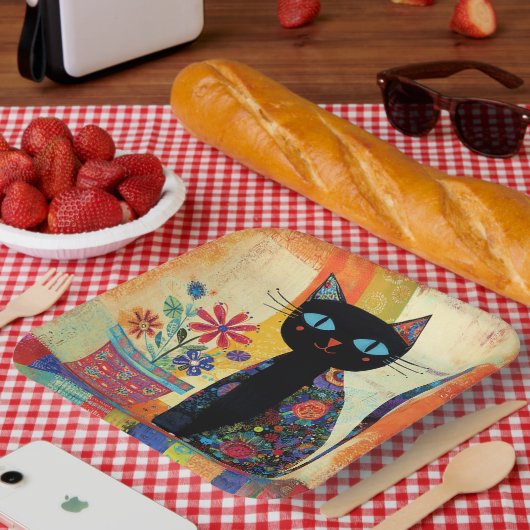 Schwarze Katzenvolkskunst Pappteller (Picknick)