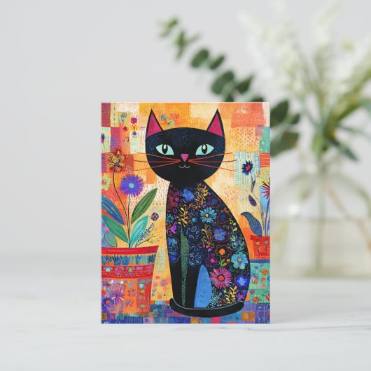 Schwarze Katzenvolkskunst Postkarte (Stehend Vorderseite)