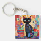 Schwarze Katzenvolkskunst Schlüsselanhänger (Vorderseite)