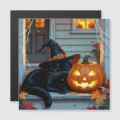 Schwarze Katzenzucht auf KürbisHalloween Magnetkarte (Vorne/Hinten)