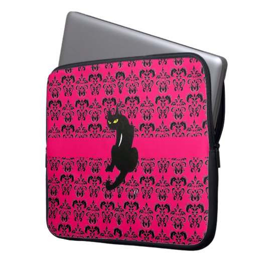 SCHWARZE KATZKATZE schwarz-rosa Fuchsie Laptopschutzhülle (Vorderseite Links)