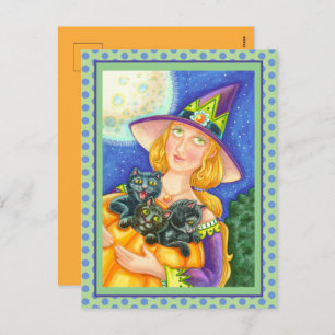 SCHWARZE KATZKÜCHE UND WITCH HAPPY HALLOWEN FEIERTAGSPOSTKARTE