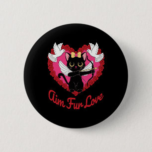 Schwarze Kawaii-Katze Cupid mit Herz und Rose Aim  Button