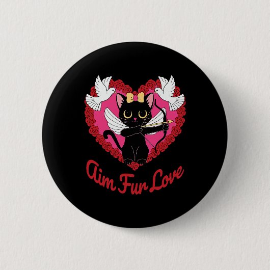 Schwarze Kawaii-Katze Cupid mit Herz und Rose Aim Button (Vorderseite)