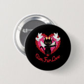 Schwarze Kawaii-Katze Cupid mit Herz und Rose Aim Button (Vorne & Hinten)