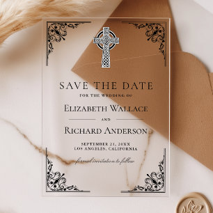 Schwarze keltische Kreuz Hochzeit Save-the-Date-Ka Acryleinladungen