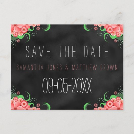 Schwarze Khalbrett Pink Floral Save the Date Karte (Vorderseite)