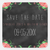 Schwarze Khalkboard Pink Floral Save the Date Aufk Quadratischer Aufkleber (Vorderseite)