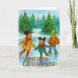 Schwarze Kinder beim Eislaufen Weihnachtskarte Feiertagskarte