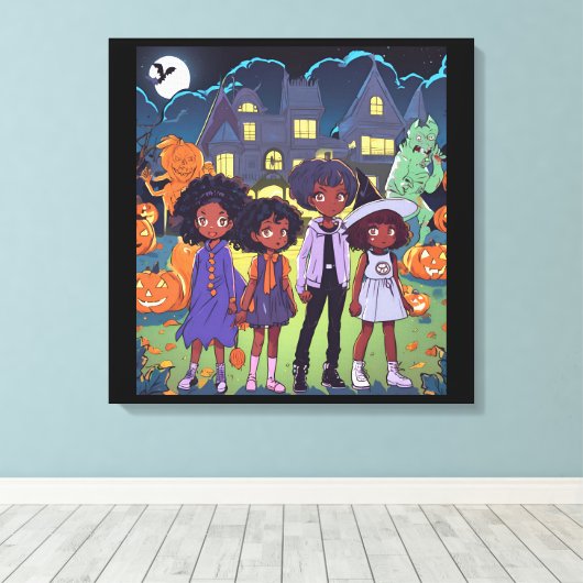 Schwarze Kinder stolpern auf einem Spuk Stadthaus Leinwanddruck (Insitu (Holzboden))