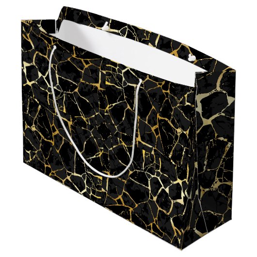 Schwarze Kintsugi-Goldader Große Geschenktüte (Rückseite Schrägansicht)