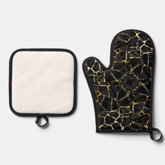 Schwarze Kintsugi-Goldader Ofenhandschuh & Topflappen-Set (Vorderseite)