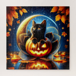 Schwarze Kitten, Herbstblätter, Mond und Kürbiskin Puzzle