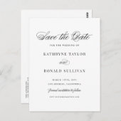 Schwarze klassische Skripttypografie Save the Date Postkarte (Vorne/Hinten)