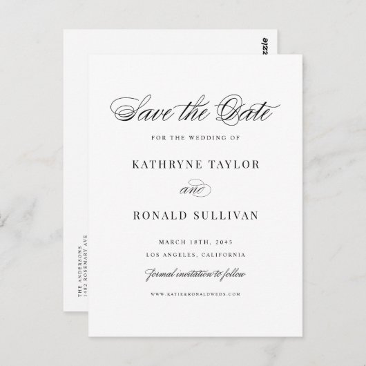 Schwarze klassische Skripttypografie Save the Date Postkarte (Vorne/Hinten)