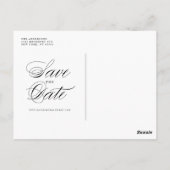 Schwarze klassische Skripttypografie Save the Date Postkarte (Rückseite)