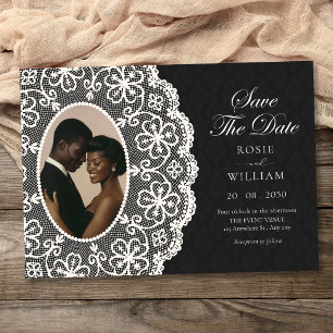 Schwarze klassische Vintage-Spitze Foto-Hochzeit Save The Date