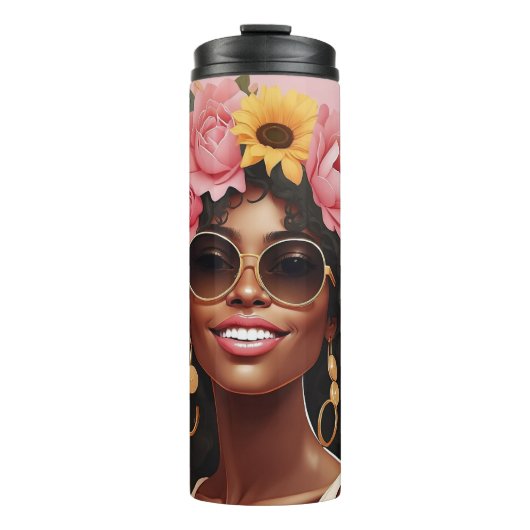 Schwarze Königin, floral afro melanin Blume Liebe Thermosbecher (Vorderseite)