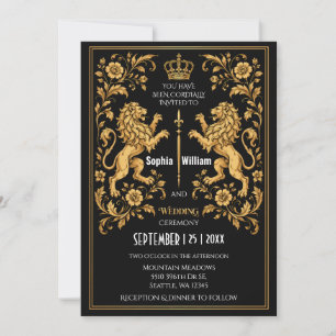Schwarze königliche Löwen-Mittelalter-Hochzeitsein Einladung