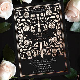 Schwarze königliche mittelalterliche Rosen-Gold-Sc Folieneinladung