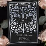 Schwarze Königliche Mittelalterliche Silberschwert Einladung<br><div class="desc">Treten Sie ein in die Geschichte von Romantik und Legende! Diese mittelalterlichen Fantasy Hochzeitseinladungen zeigen ein echtes Schwert, das mit silbernen Blumen in schwarzem Hintergrund verziert ist. Sie sind ideal für Paare, die eine bezaubernde und zeitlose Touch für ihren besonderen Tag suchen. Beachten Sie, dass das Silber auf diesen Einladungen...</div>