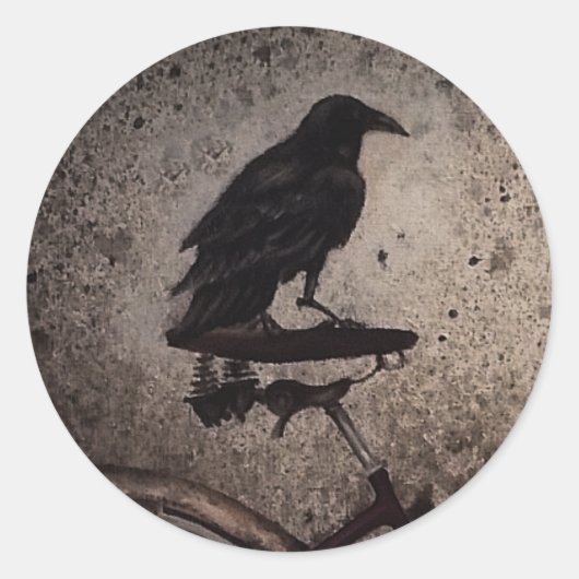 Schwarze Krähe auf Vintagem Fahrrad Runder Aufkleber (Vorderseite)