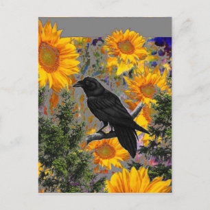 Schwarze Krähe und Sonnenblumen Postkarte