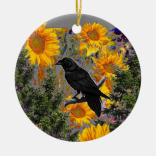 schwarze Krähen- u. Sonnenblumekunst Keramikornament