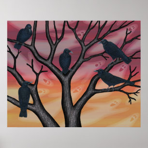 Schwarze Krähen und Geister bei Sonnenuntergang Poster