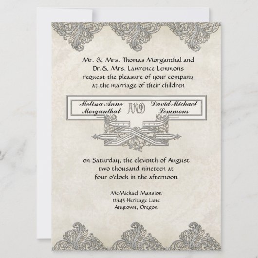 Schwarze Krawatte Elegance 3 - Silver Look Vintag Einladung (Vorderseite)