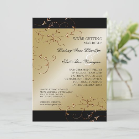 Schwarze Krawatte Elegante, Golden Save the Date l Einladung (Stehend Vorderseite)