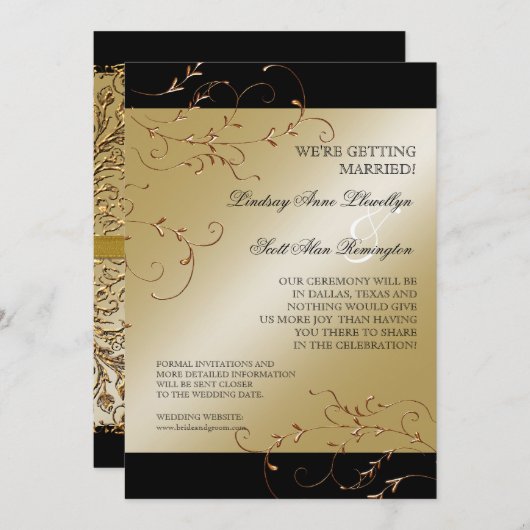 Schwarze Krawatte Elegante, Golden Save the Date l Einladung (Vorne/Hinten)