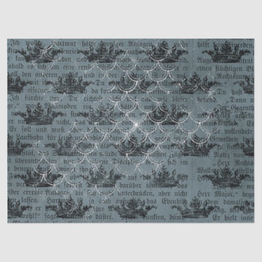 Schwarze Kronen und Schreiben auf blauem Dekoupage Seidenpapier (Vorderseite)