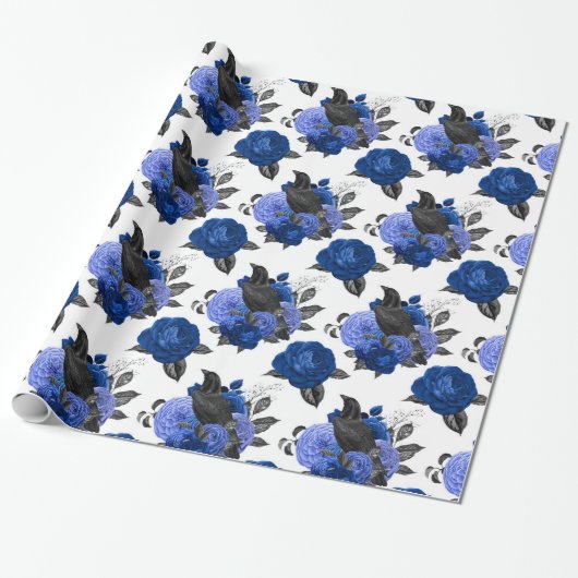 SCHWARZE KROWS ROYAL BLAUE ROSE BLUME GEHEN GESCHENKPAPIER (Ungerollt)
