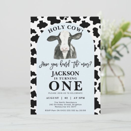 Schwarze Kuh Print Blue Arch Heilige Kuh 1. Geburt Einladung (Stehend Vorderseite)