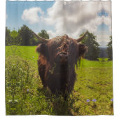 Schwarze Kuh Weide grünes Feld Sonnenlicht Duschvorhang (Vorderseite)