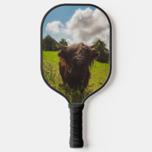 Schwarze Kuh Weide grünes Feld Sonnenlicht Pickleball Schläger