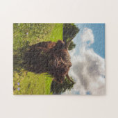 Schwarze Kuh Weide grünes Feld Sonnenlicht Puzzle (Horizontal)