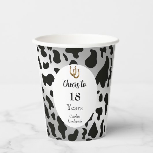 Schwarze Kuhdrucke, Silver & Gold Horseshoe Geburt Pappbecher (Vorderseite)