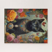 Schwarze Kurzhaarkatze mit Juwelen und Schmetterli Puzzle (Horizontal)