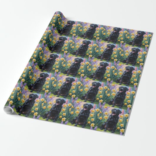 Schwarze Labrador Hunde Frühlingsblumen Malerei Geschenkpapier (Ungerollt)
