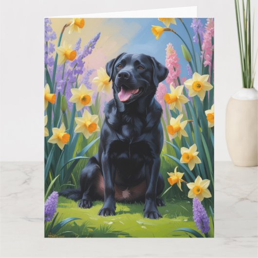 Schwarze Labrador Hunde Frühlingsblumen Malerei Karte (Vorderseite)