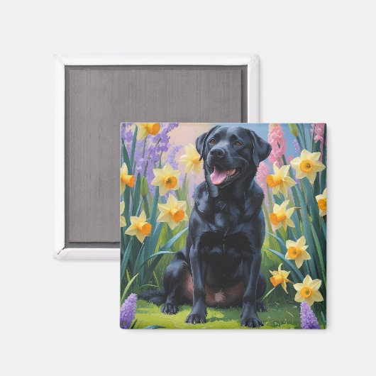 Schwarze Labrador Hunde Frühlingsblumen Malerei Magnet (Vorderseite/Rückseite)