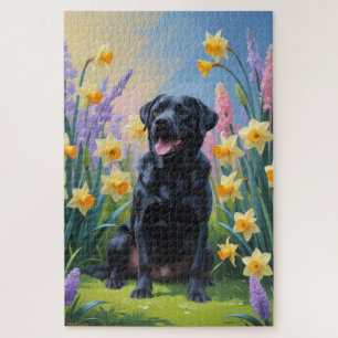 Schwarze Labrador Hunde Frühlingsblumen Malerei Puzzle
