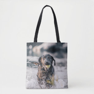 Schwarze Labrador-Plays in Wasser Tasche