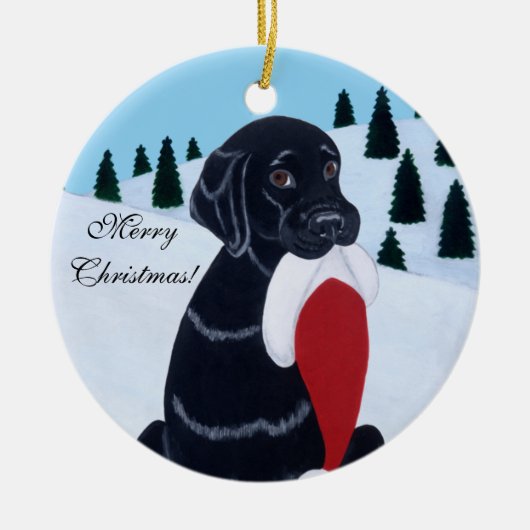 Schwarze Labrador-WeihnachtsWeihnachtsmannmütze Keramikornament (Vorne)