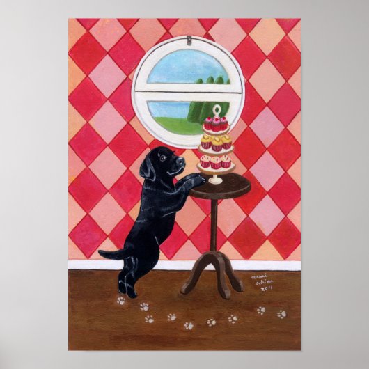 Schwarze Labrador Welpen und Cupcakes Artwork Poster (Vorne)